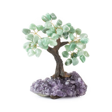Medium green quartz crystal bonsai tree with polished stones wired to amethyst base.